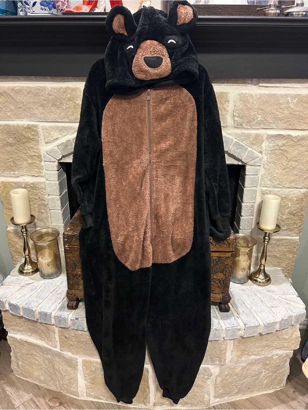Unisex Black And Brown Plush Bear Onesie